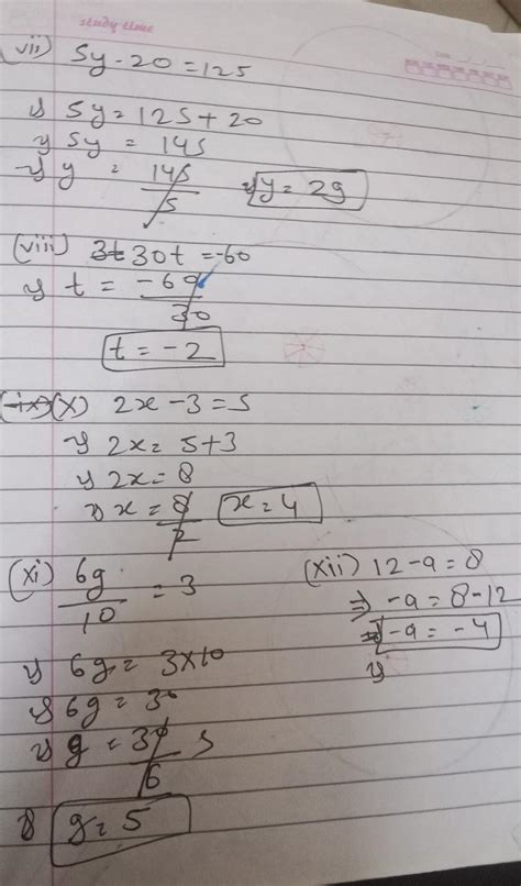 5)Solve the word problems Vii) 5y - 20 = 125 Viii) 30t = -60 ix)(4+v)/2 ...