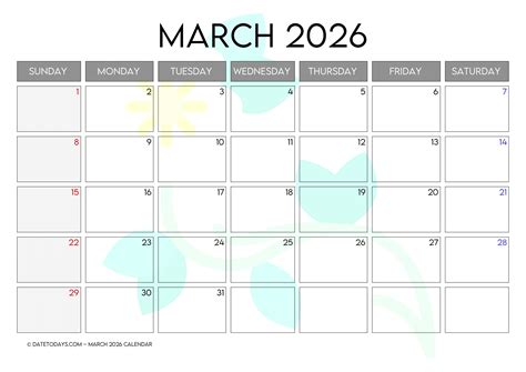 March Month Calendar 2026 Printable