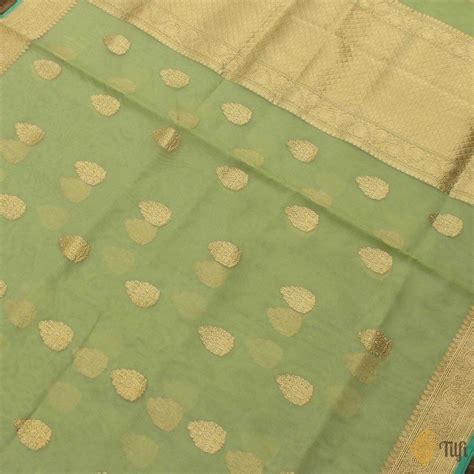 Light Pista Green Pure Kora Silk Handloom Banarasi Saree - Tilfi