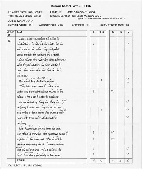 Image result for Running Record Example First Grade