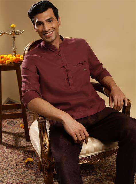 Buy Burgundy Linen Popover | Casual Burgundy Solid Shirts for Men ...