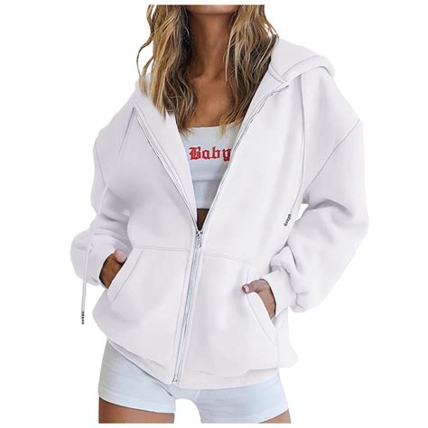 Womens Cotton Full-zip Hoodie Jacket with Pockets Fleece Lined Comfy ...