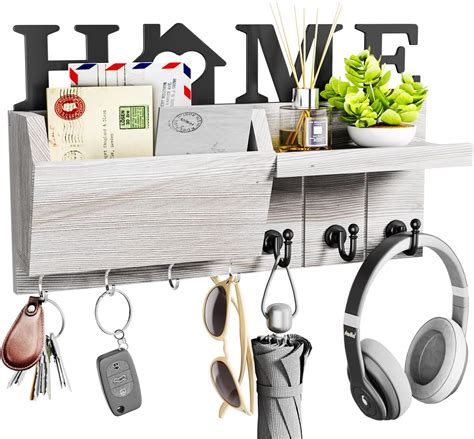 SWTYMIKI Key Holder for Wall White, Wooden Key Holder with Shelf and 4 ...