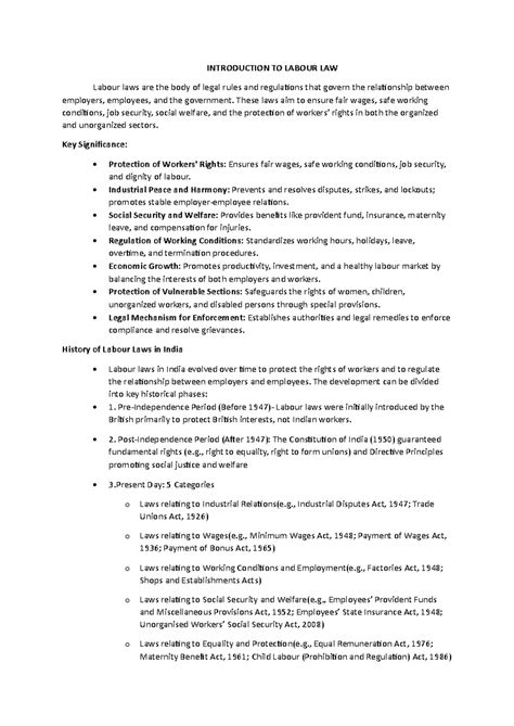 Labour Law Introduction: Key Concepts & Historical Overview - Studocu