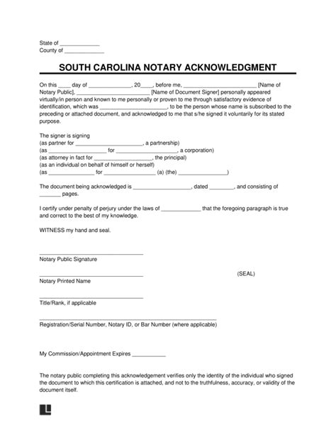 Free South Carolina Notary Acknowledgment Form | PDF & Word