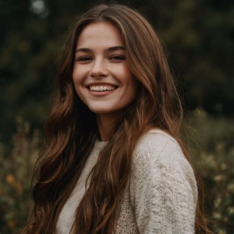 A woman with long brown hair smiling in a field | Premium AI-generated ...