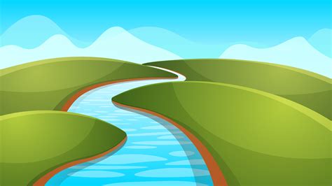 Landscape cartoon, illustration. River, sun, hill. 456503 Vector Art at ...