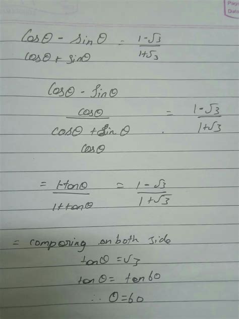 find the acute angle theta when cos theta - sin theta / cos theta + sin ...