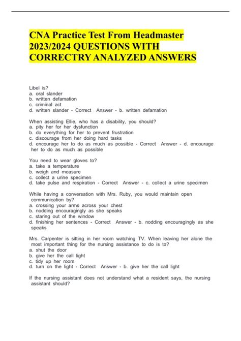 CNA Practice Test From Headmaster QUESTIONS WITH CORRECTRY ANALYZED ...