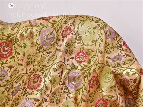 Peach Indian Brocade Fabric By The Yard Banarasi Bridal Silk Wedding D ...