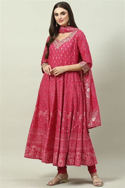 Pink Cotton Anarkali Kurta Churidar Suit Set