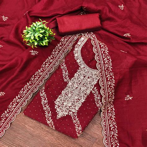 Graceful Maroon Floral Embroidered Vichitra Silk Dress Material Enhanc