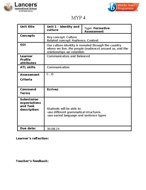 MYP 4 Formative Assessment Template (1) - MYP 4 Unit title Unit 1 ...
