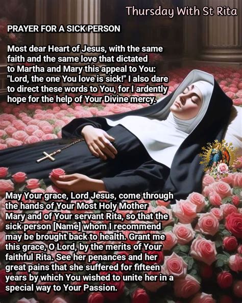 PRAYER FOR A SICK PERSON | Prayer to st rita, Catholic prayers ...