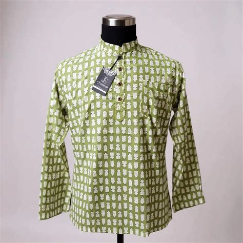 Green Abstract Grid Print Full Sleeves Short Kurta for Men – Jaipuri Stitch