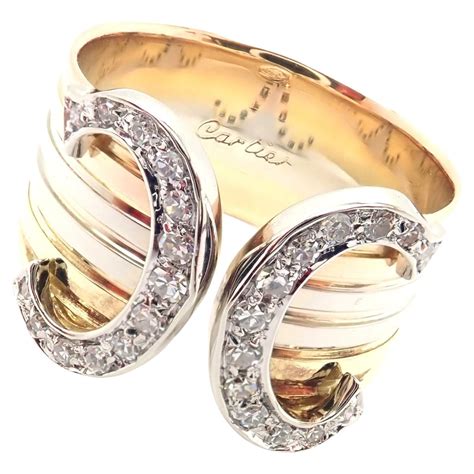 CARTIER 18K Tri-Color Gold Diamond Double C Ring For Sale at 1stDibs