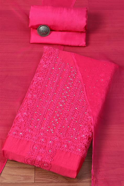 Buy Pink Art Silk Embroidered Unstitched Suit Set Online at Biba India