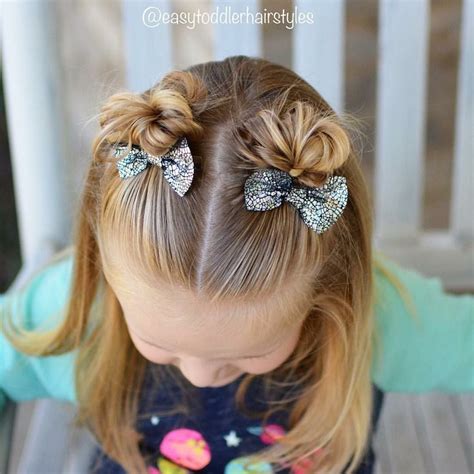 Half up pigtail buns with bows | Baby hairstyles, Easy toddler ...