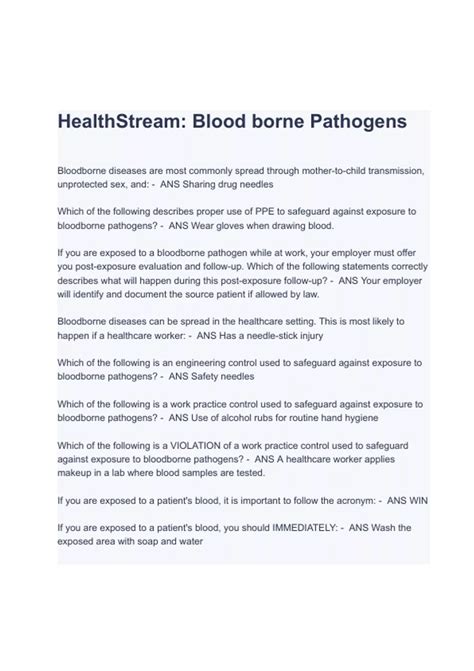 HealthStream: Blood borne Pathogens Test Questions and Answers (A+ ...