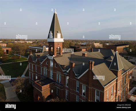 Old Main. Aerial photograph of Drake University on a beautiful spring ...