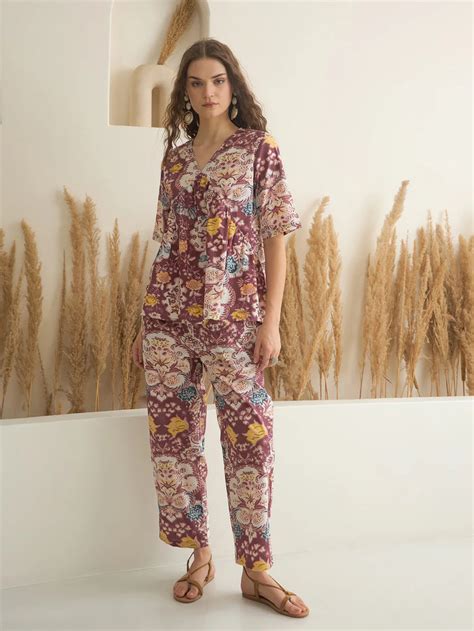 Buy Rust Color V-Neck Pure Cotton Printed Co-Ords Set For Women Online ...