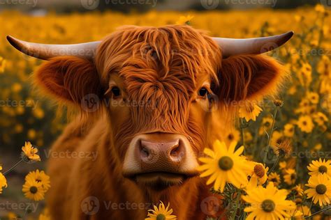 Highland cow face with many various sunflowers. 23383784 Stock Photo at ...