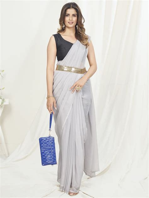 Off White Ready to Wear One Minute Saree In Satin Silk - Clo