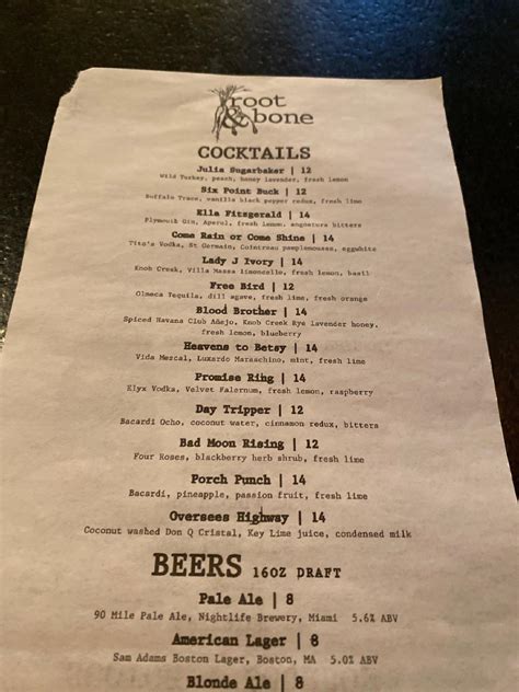 Menu at Root & Bone restaurant, South Miami