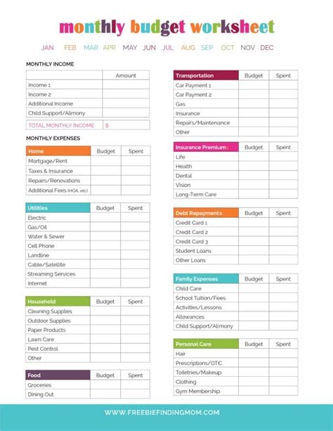 free household budget worksheet pdf