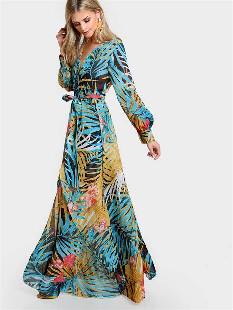 Long Sleeve Tropical Print Maxi Dress BLACK BLUE -SheIn(Sheinside)