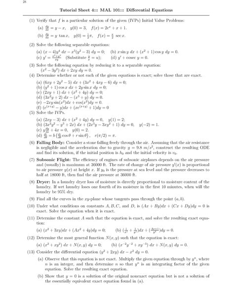 Tutorial-4 - tutorial problems - 28 Tutorial Sheet 4::: MAL 101::: Differential Equations (1 ...