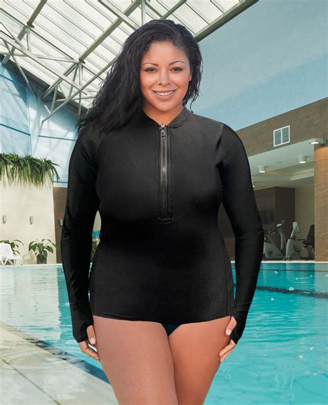 Chlorine Resistant Aquamore Solid Pull Over Zipper Plus Size Rashguard ...