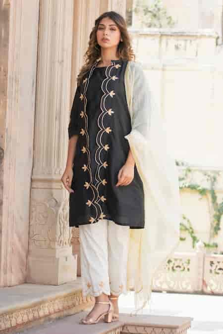 Buy Black Cotton, Silk Gota Patti Bandeau Neck, Scalloped Hem Jacket ...