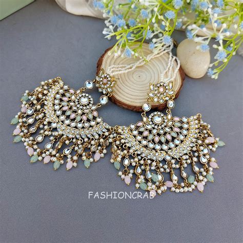 Meera Chandbali Earrings - Pink Green | FashionCrab.com