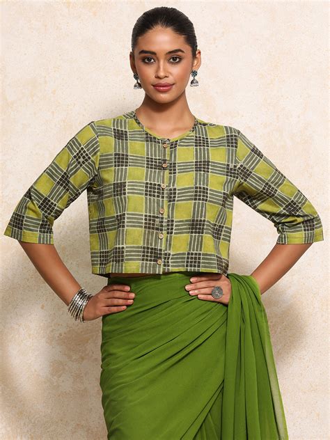 Elbow Sleeves Saree Blouse in Olive Grid Block Print Cotton – Binks