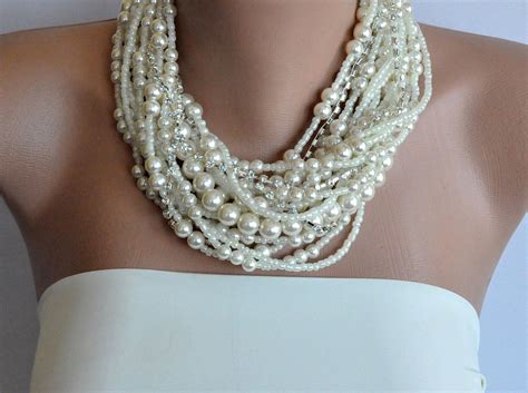 Chunky Layered Ivory Pearl Necklace with Rhinestones brides bridesmaids ...