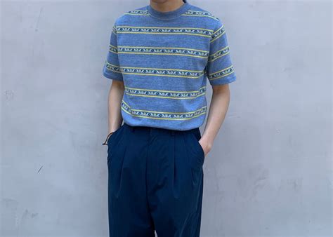 “Jantzen” 70’s~80’s light blue border pattern S/S T-shirt made in USA ...