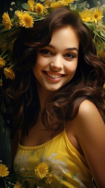 Picture of a smiling brunette girl with a wreath of daisy flowers on ...