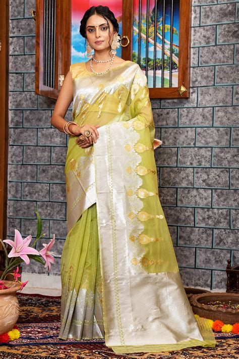 Buy Lime Green Organza Saree online-Karagiri
