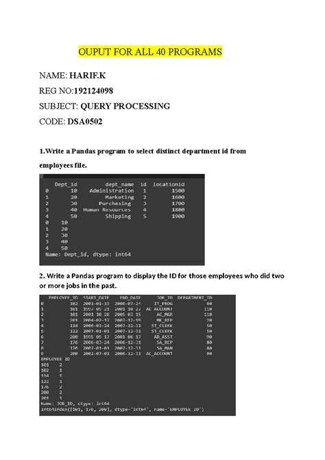 Ouput FOR ALL 40 Programs - OUPUT FOR ALL 40 PROGRAMS NAME: HARIF REG ...