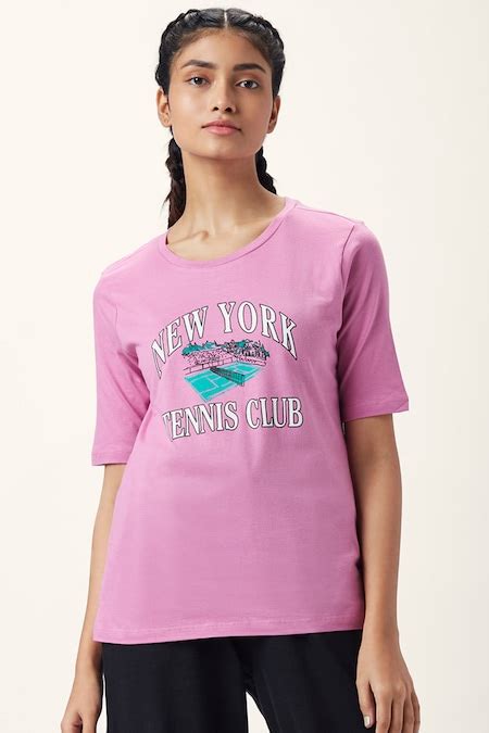 Purple Printed Athleisure Half Sleeves Round Neck Women Regular Fit T ...