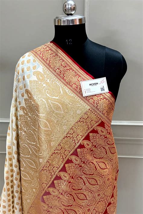 White and Red Zari Katan Silk Banarasi Saree – Mohsin Textiles