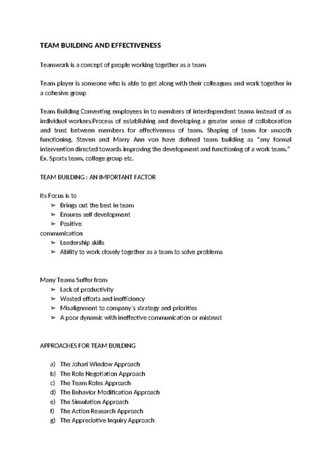 Assignment rough - TEAM BUILDING AND EFFECTIVENESS Teamwork is a ...