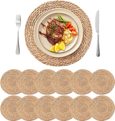 Amazon.com: Gejoy Woven Placemats Set Brown Round Rattan Placemats and ...