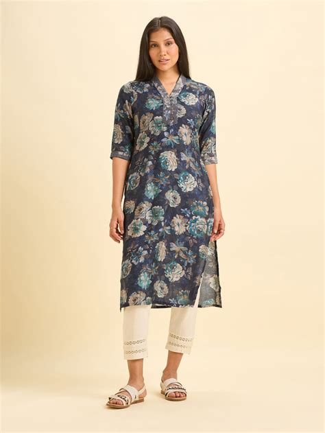 Navy Blue Modal Chanderi Printed Slitted Kurti With Embroidery