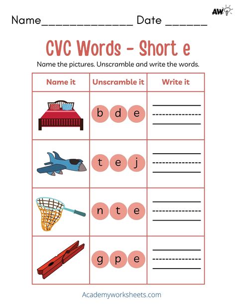 Short e Phonics Worksheets CVC - Academy Worksheets
