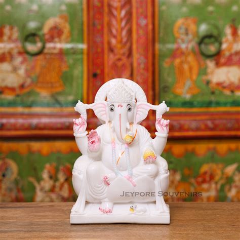 Handcrafted 9 Inches White Marble Lord Ganesha Idol | Jeypore Souvenirs
