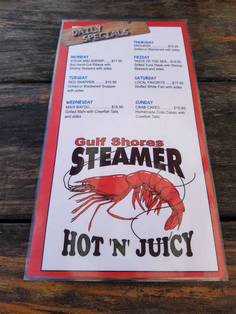 Menu at Gulf Shores Steamer restaurant, Orange Beach
