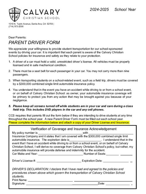 Fillable Online Calvary Christian School Parent Driver Form Fax Email ...