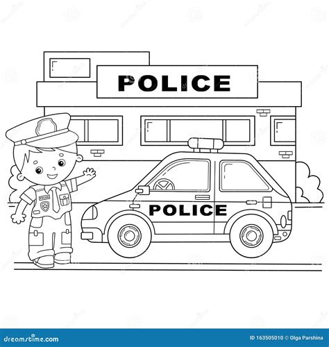 Coloring Page Outline of Cartoon Policeman with Car. Profession ...